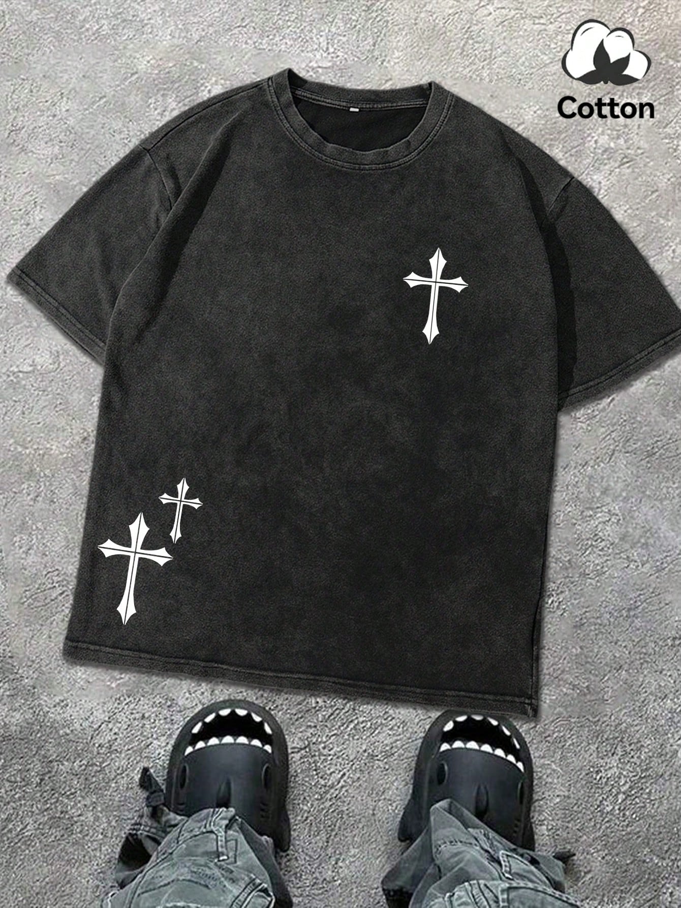 Hemo, Men's Round Neck Short Sleeve Simple Commuter Top, Casual Daily Cross Print Distressed Print T-Shirt